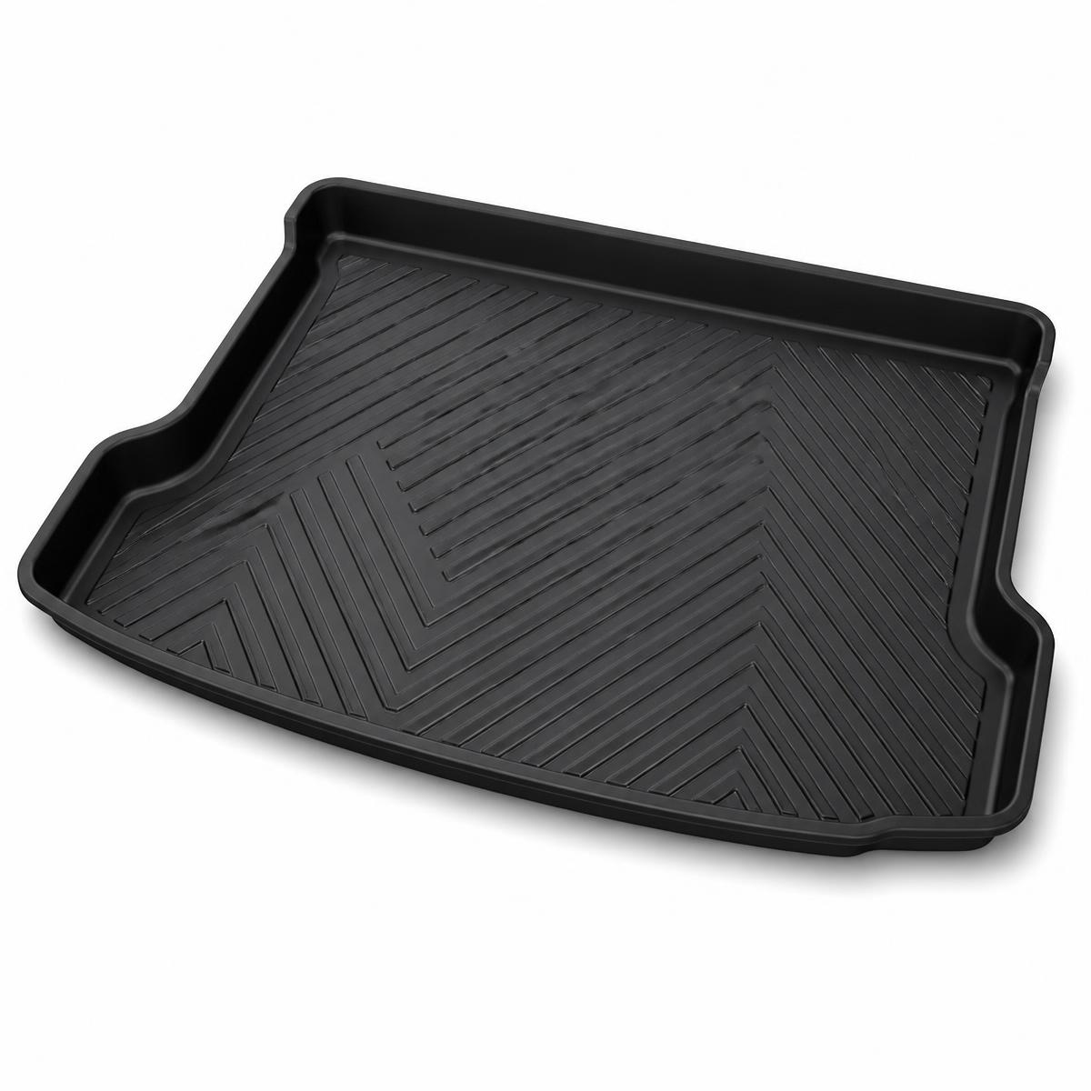 Moulded black rubber car boot liner tray with textured base on a white background