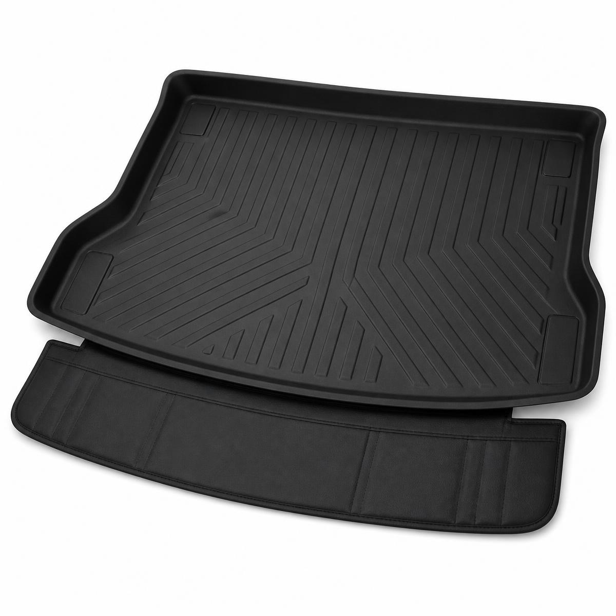 Black moulded boot liner tray with a padded bumper protector flap on a white background