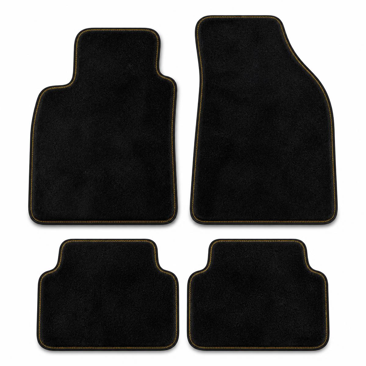 Four premium black velour car floor mats with yellow contrast stitching on a white background